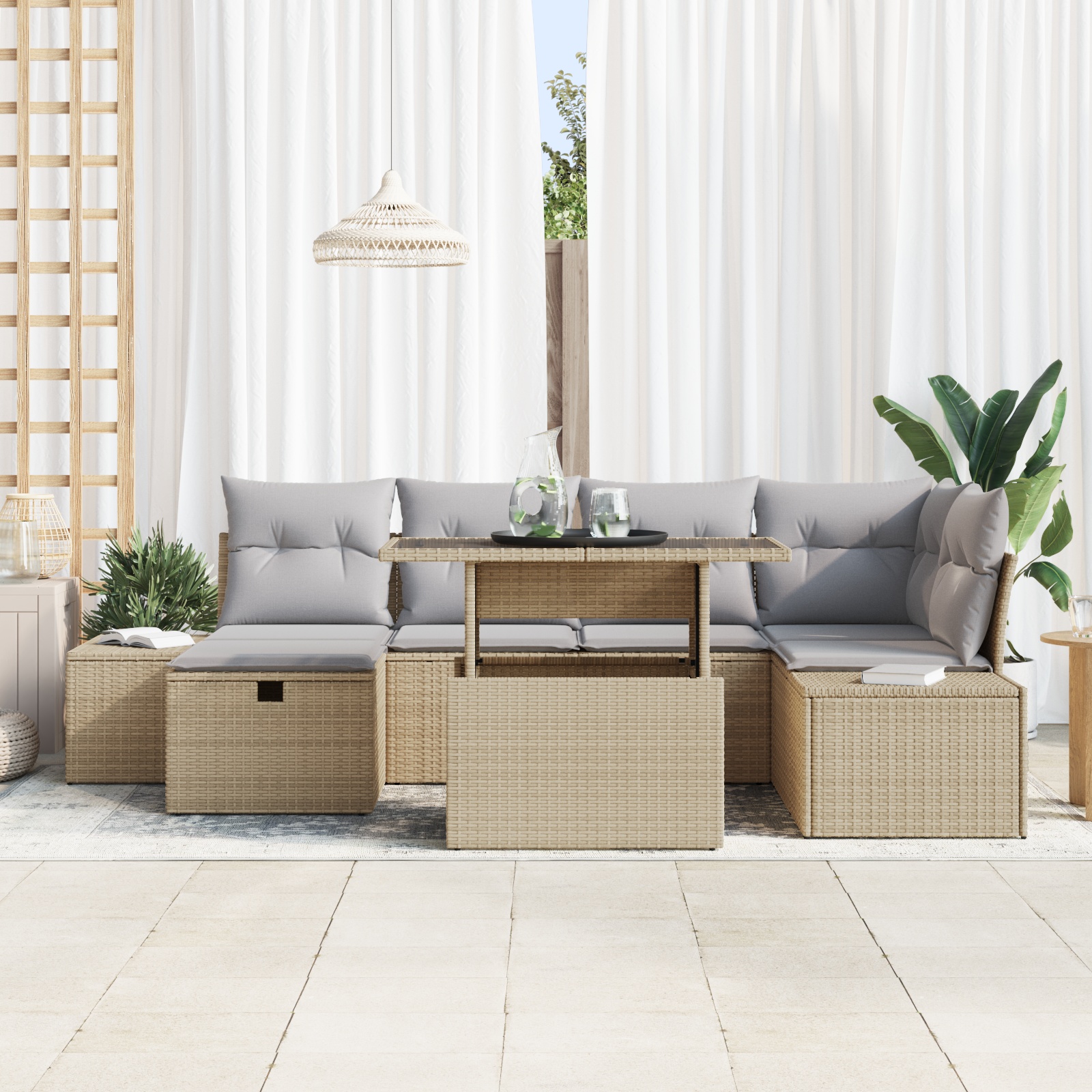 3359877 3 Set de canapele pentru grădină cu pernă 7 pcs Bej Rattan poli Set de canapele pentru grădină cu pernă 7 pcs Bej Rattan poli - imagine 3
