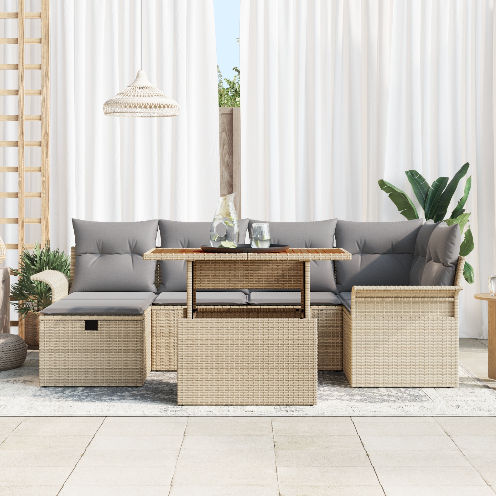 3359913 3 Set de canapele pentru grădină cu pernă 7 pcs Bej Rattan poli Set de canapele pentru grădină cu pernă 7 pcs Bej Rattan poli - imagine 3