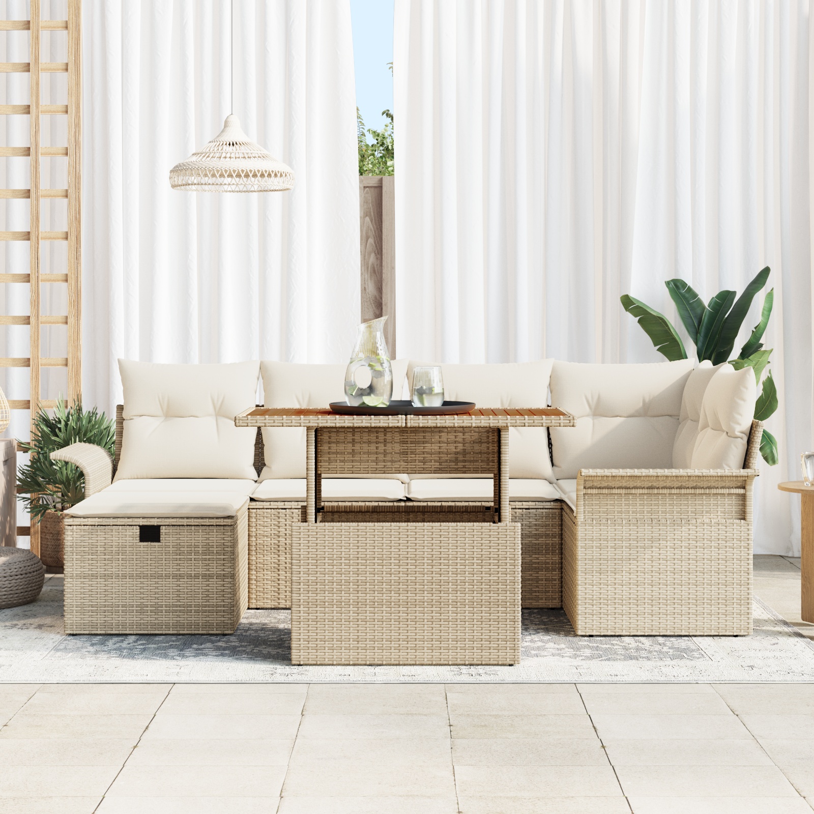 3359914 3 Set de canapele pentru grădină cu pernă 7 pcs Bej Rattan poli Set de canapele pentru grădină cu pernă 7 pcs Bej Rattan poli - imagine 3