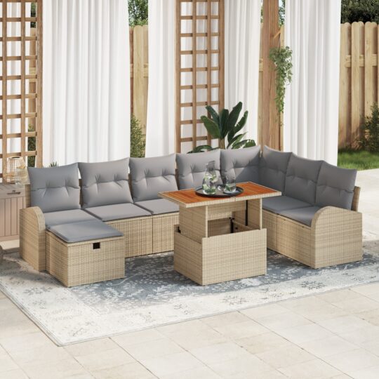 Set de canapele pentru grădină cu pernă 9 pcs Bej Rattan poli