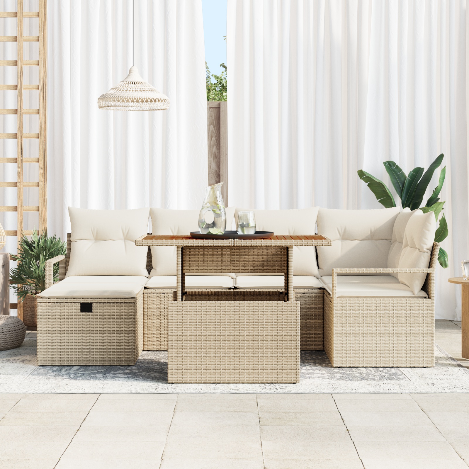 3359998 3 Set de canapele pentru grădină cu pernă 7 pcs Bej Rattan poli Set de canapele pentru grădină cu pernă 7 pcs Bej Rattan poli - imagine 3