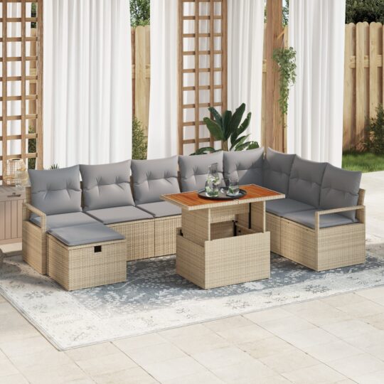 Set de canapele pentru grădină cu pernă 9 pcs Bej Rattan poli