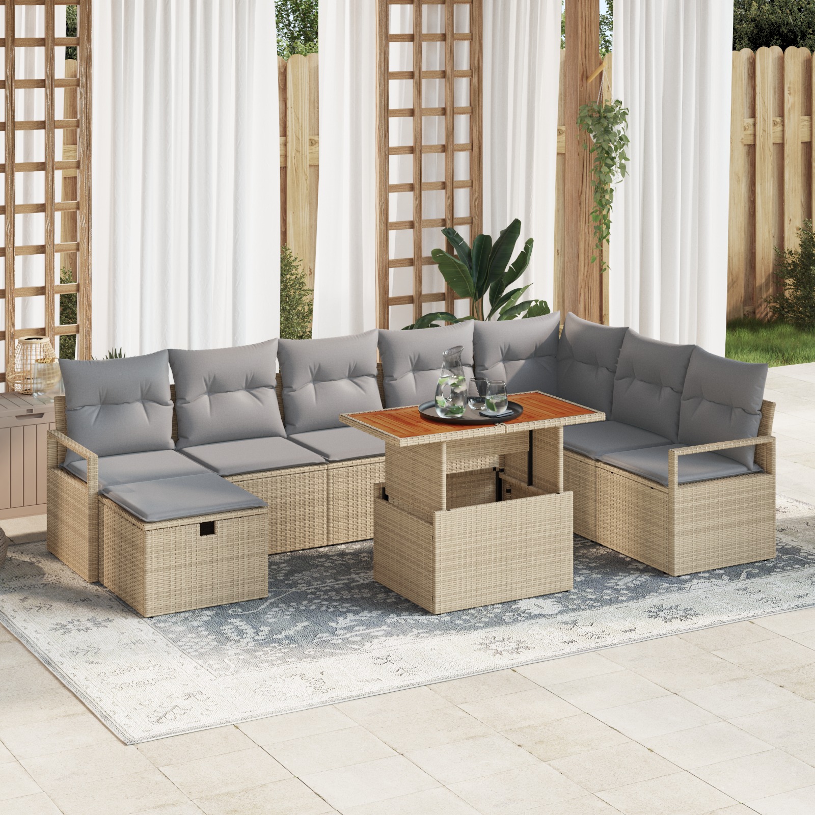 3360011 1 Set de canapele pentru grădină cu pernă 9 pcs Bej Rattan poli Set de canapele pentru grădină cu pernă 9 pcs Bej Rattan poli