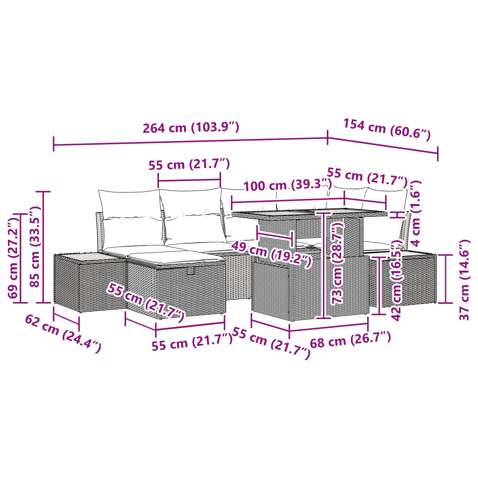 3360078 13 Set de canapele pentru grădină cu pernă 7 pcs Negru Rattan poli Set de canapele pentru grădină cu pernă 7 pcs Negru Rattan poli - imagine 13