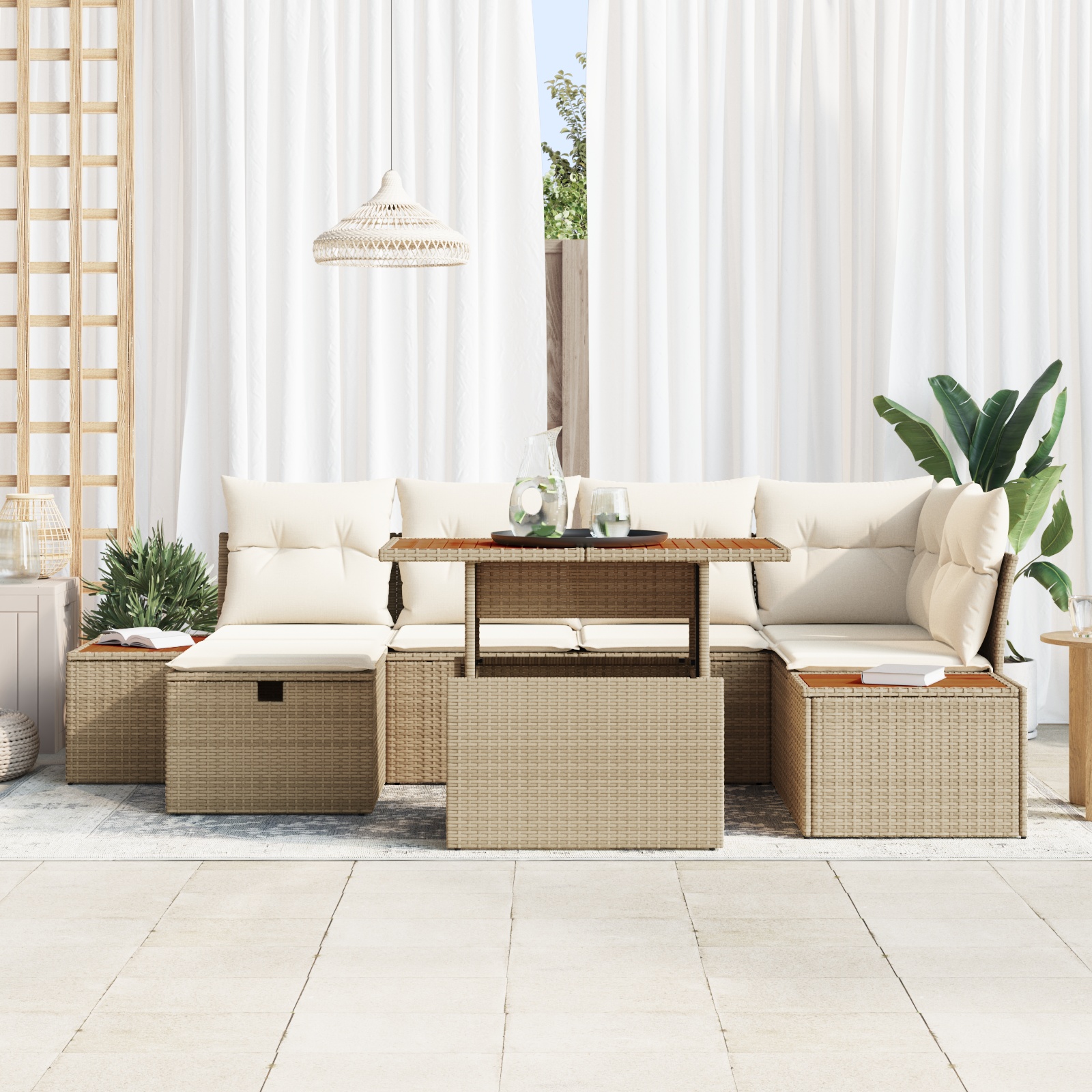 3360081 3 Set de canapele pentru grădină cu pernă 7 pcs Bej Rattan poli Set de canapele pentru grădină cu pernă 7 pcs Bej Rattan poli - imagine 3