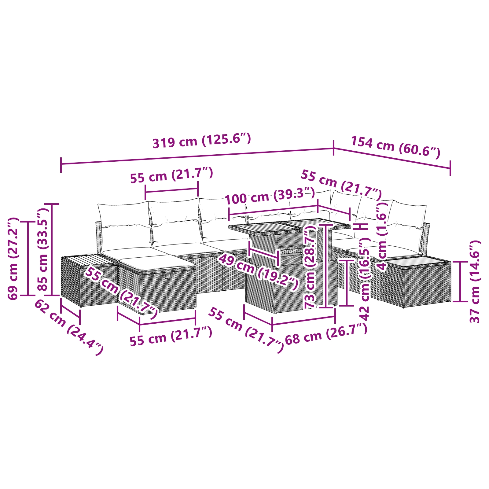 3360087 13 Set de canapele pentru grădină cu pernă 9 pcs Negru Rattan poli Set de canapele pentru grădină cu pernă 9 pcs Negru Rattan poli - imagine 13