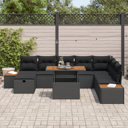 3360088 3 Set de canapele pentru grădină cu pernă 9 pcs Negru Rattan poli 3360088 3