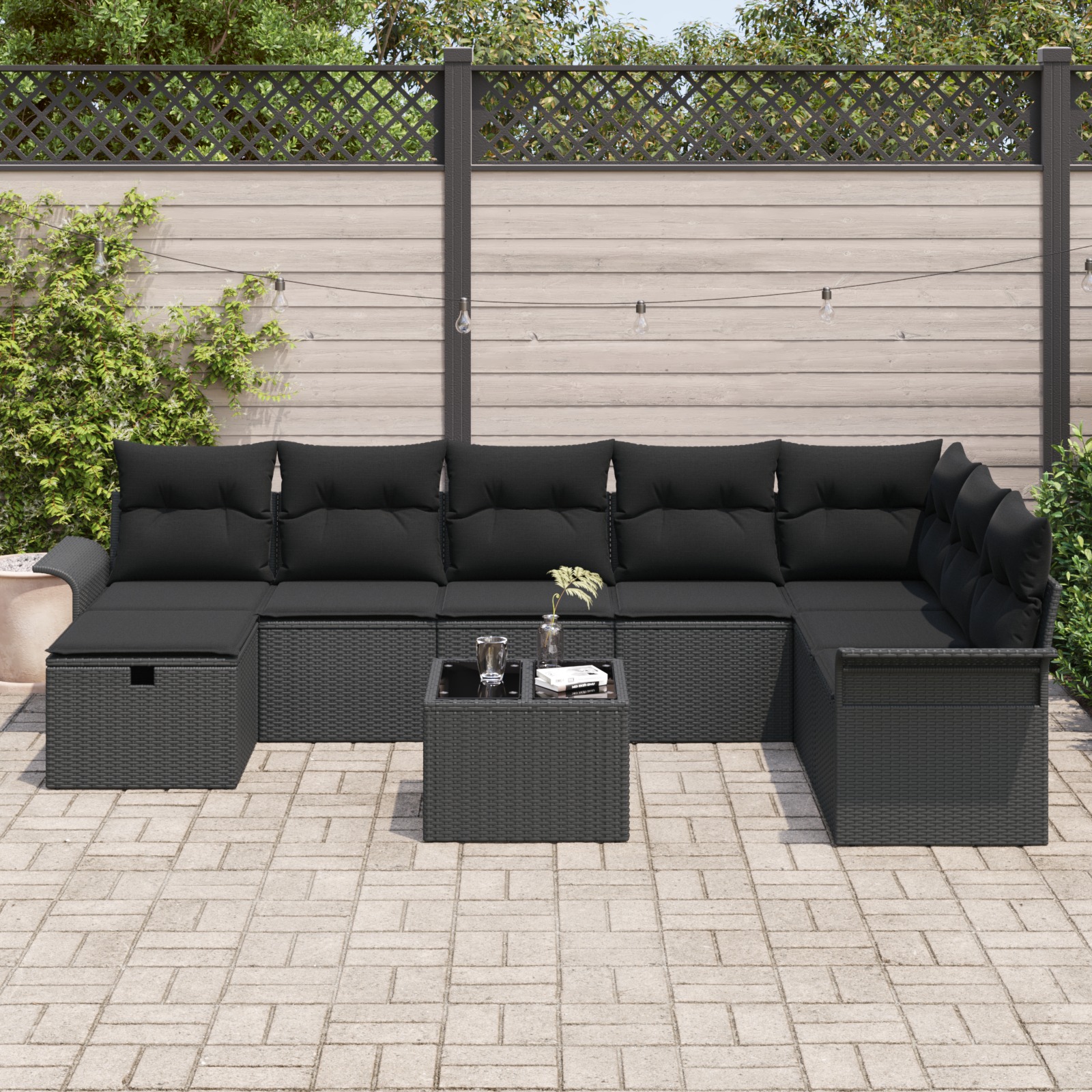 3360274 3 Set de canapele pentru grădină cu pernă 9 pcs Negru Rattan poli Set de canapele pentru grădină cu pernă 9 pcs Negru Rattan poli - imagine 3