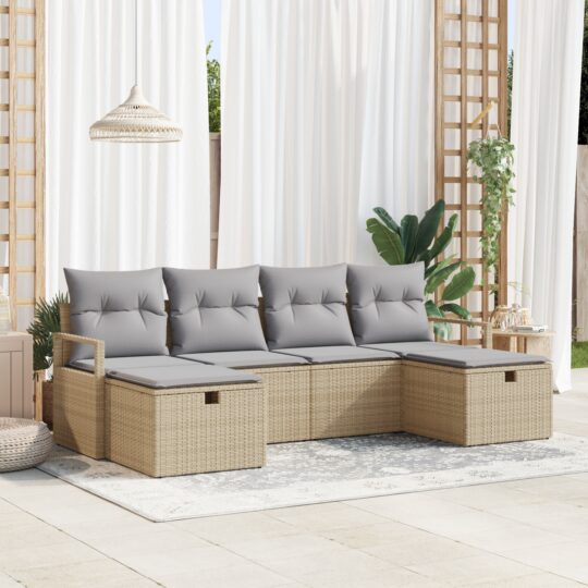 Set de canapele pentru grădină cu pernă 6 pcs Bej Rattan poli