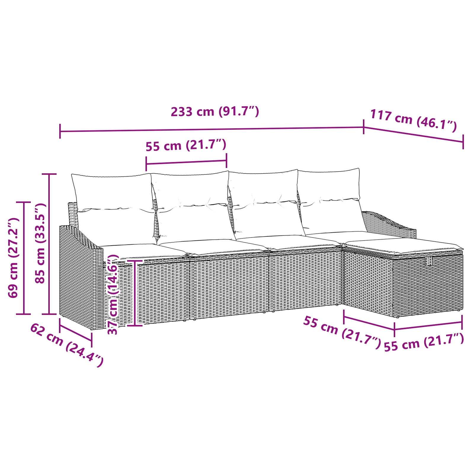 3360594 12 Set de canapele pentru grădină 5 pcs Negru 233 x 117 x 85 cm Set de canapele pentru grădină 5 pcs Negru 233 x 117 x 85 cm - imagine 12
