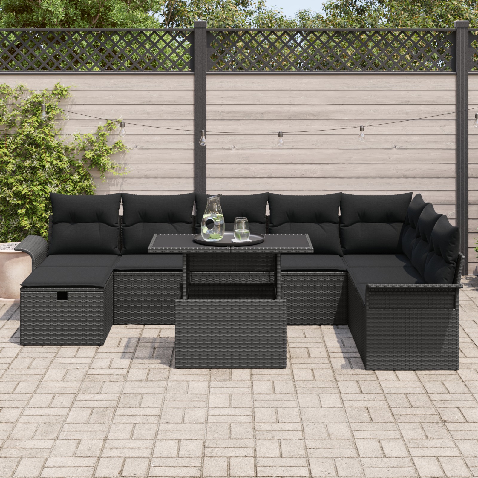 3361032 3 Set de canapele pentru grădină cu pernă 9 pcs Negru Rattan poli Set de canapele pentru grădină cu pernă 9 pcs Negru Rattan poli - imagine 3