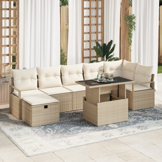 Set de canapele pentru grădină cu pernă 8 pcs Bej Rattan poli