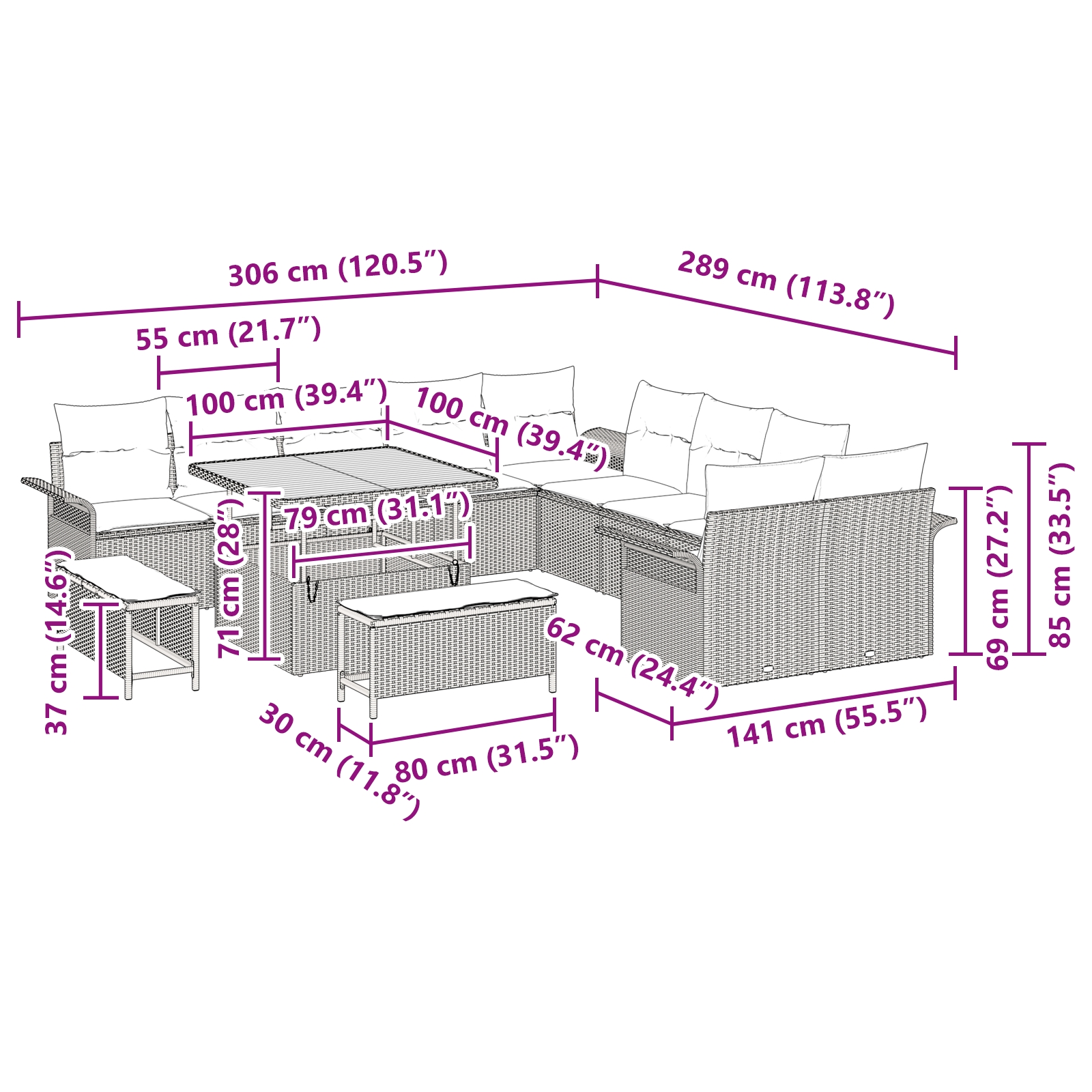 3362186 12 Set de canapele pentru grădină 13 pcs Bej poliratan Set de canapele pentru grădină 13 pcs Bej poliratan - imagine 12