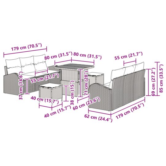 3362347 12 Set de canapele pentru grădină cu pernă 9 pcs Bej Rattan poli 3362347 12