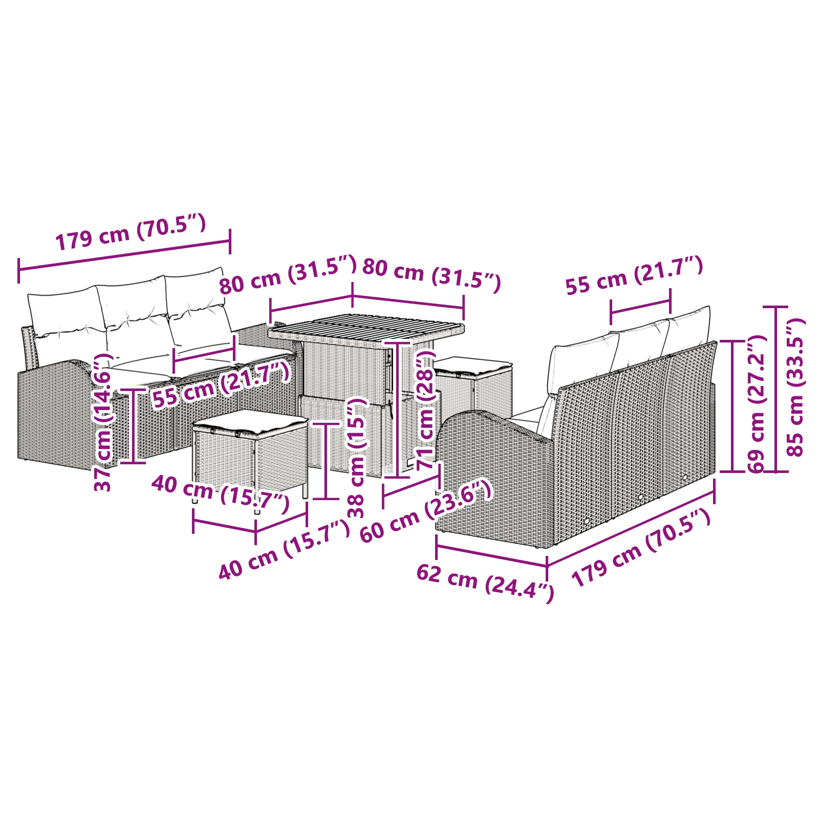 3362347 12 Set de canapele pentru grădină cu pernă 9 pcs Bej Rattan poli Set de canapele pentru grădină cu pernă 9 pcs Bej Rattan poli - imagine 12