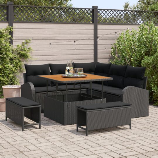 Set de canapele pentru grădină cu pernă 8 pcs Negru Rattan poli