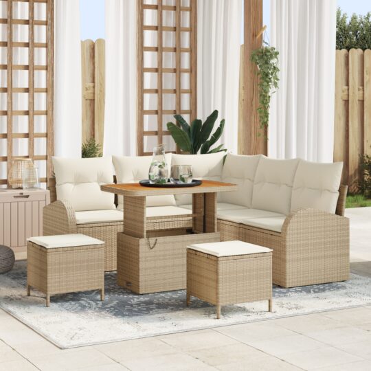 Set de canapele pentru grădină cu pernă 8 pcs Bej Rattan poli