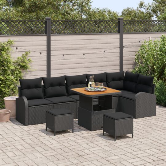 Set de canapele pentru grădină cu pernă 9 pcs Negru Rattan poli
