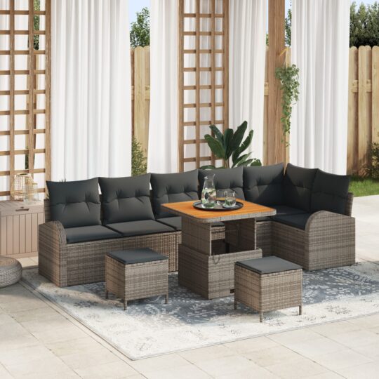 Set de canapele pentru grădină cu pernă 9 pcs Gri Rattan poli