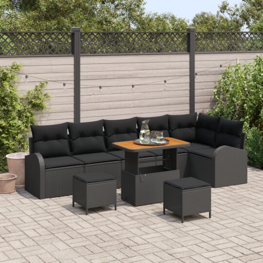Set de canapele pentru grădină cu pernă 9 pcs Negru Rattan poli
