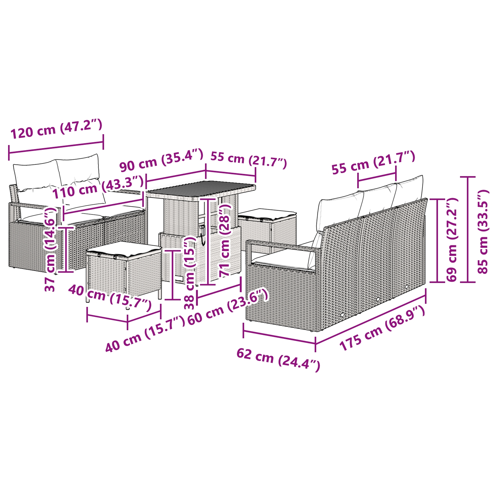 3362472 12 Set de canapele pentru grădină cu pernă 8 pcs Bej Rattan poli Set de canapele pentru grădină cu pernă 8 pcs Bej Rattan poli - imagine 12