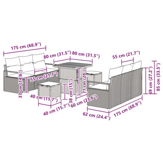 3362476 12 Set de canapele pentru grădină cu pernă 9 pcs Bej Rattan poli 3362476 12