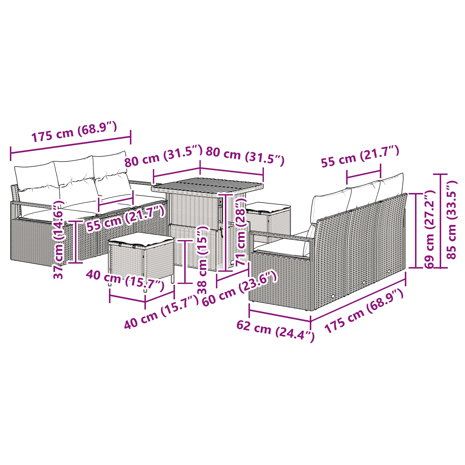 3362476 12 Set de canapele pentru grădină cu pernă 9 pcs Bej Rattan poli Set de canapele pentru grădină cu pernă 9 pcs Bej Rattan poli - imagine 12