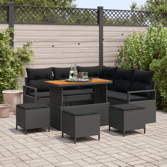 Set de canapele pentru grădină cu pernă 9 pcs Negru Rattan poli