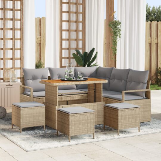 Set de canapele pentru grădină cu pernă 9 pcs Bej Rattan poli