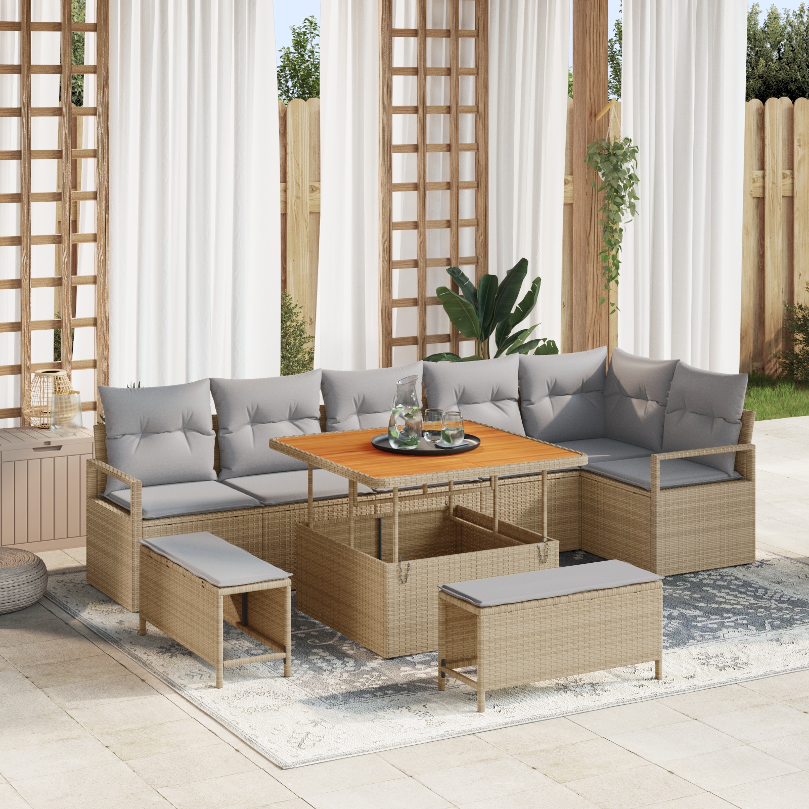 3362537 1 Set de canapele pentru grădină cu pernă 9 pcs Bej Rattan poli Set de canapele pentru grădină cu pernă 9 pcs Bej Rattan poli