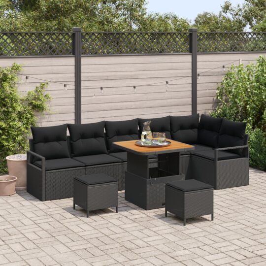 Set de canapele pentru grădină cu pernă 9 pcs Negru Rattan poli