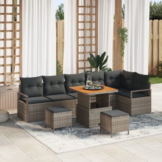 Set de canapele pentru grădină cu pernă 9 pcs Gri Rattan poli
