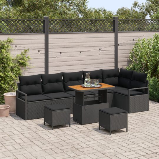 Set de canapele pentru grădină cu pernă 9 pcs Negru Rattan poli