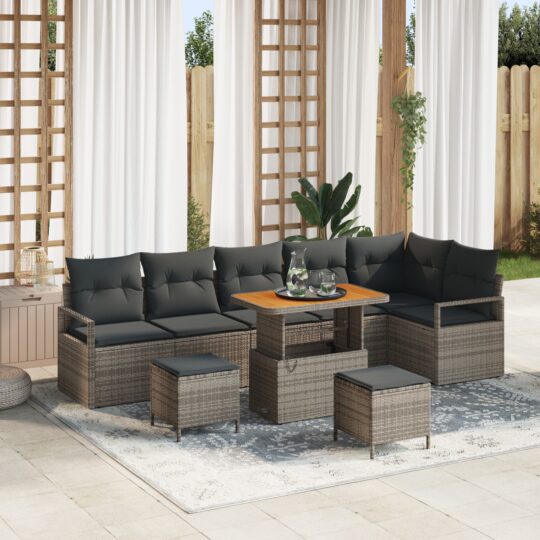 Set de canapele pentru grădină cu pernă 9 pcs Gri Rattan poli