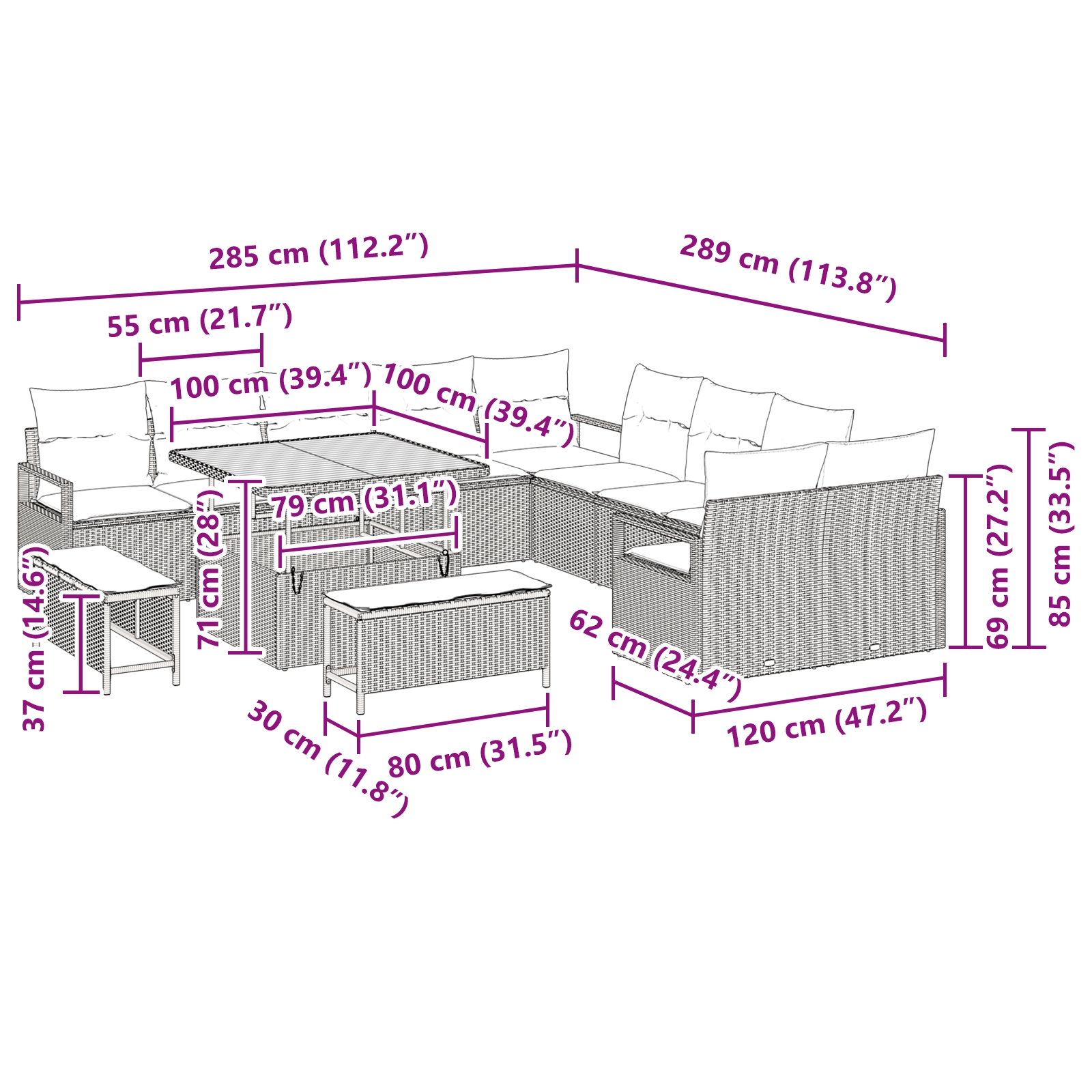 3362574 12 Set de canapele pentru grădină 13 pcs Negru Rattan poli Set de canapele pentru grădină 13 pcs Negru Rattan poli - imagine 12