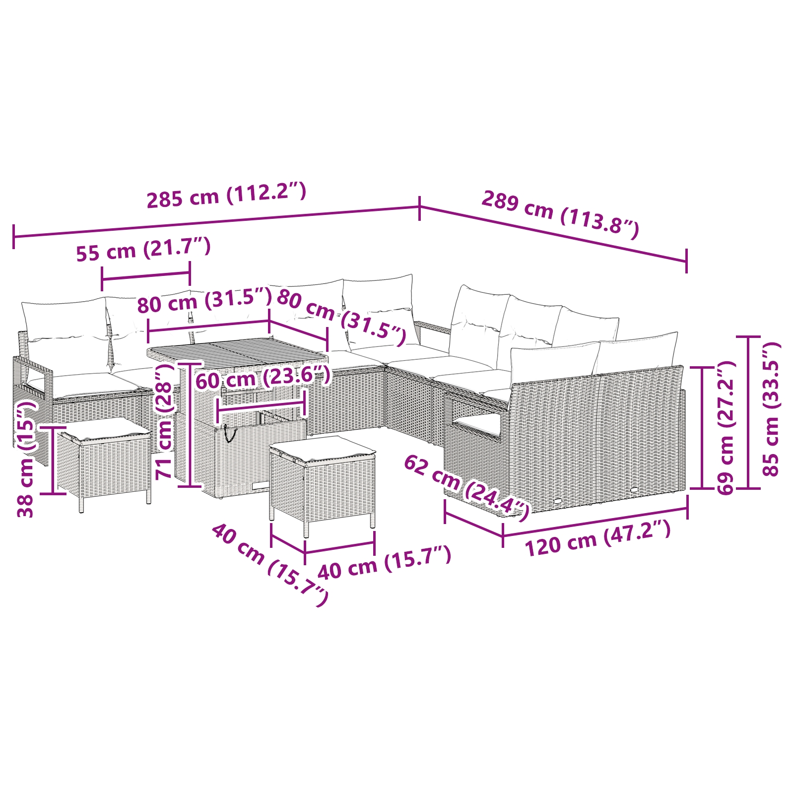 3362579 12 Set de canapele pentru grădină 13 pcs Negru Rattan poli Set de canapele pentru grădină 13 pcs Negru Rattan poli - imagine 12