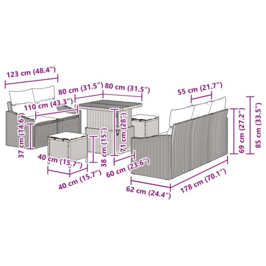 3362598 12 Set de canapele pentru grădină cu pernă 8 pcs Gri Rattan poli 3362598 12