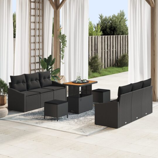 Set de canapele pentru grădină cu pernă 9 pcs Negru Rattan poli