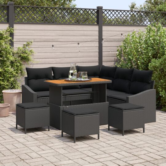 Set de canapele pentru grădină cu pernă 9 pcs Negru Rattan poli