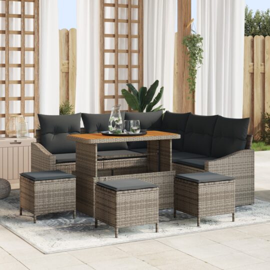 Set de canapele pentru grădină cu pernă 9 pcs Gri Rattan poli