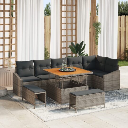 Set de canapele pentru grădină cu pernă 9 pcs Gri Rattan poli