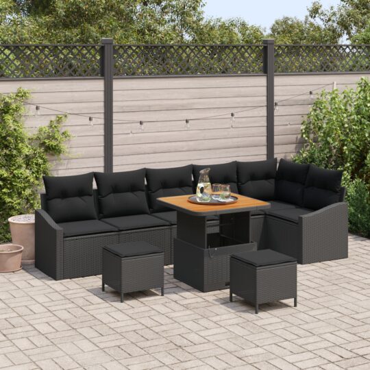 Set de canapele pentru grădină cu pernă 9 pcs Negru Rattan poli