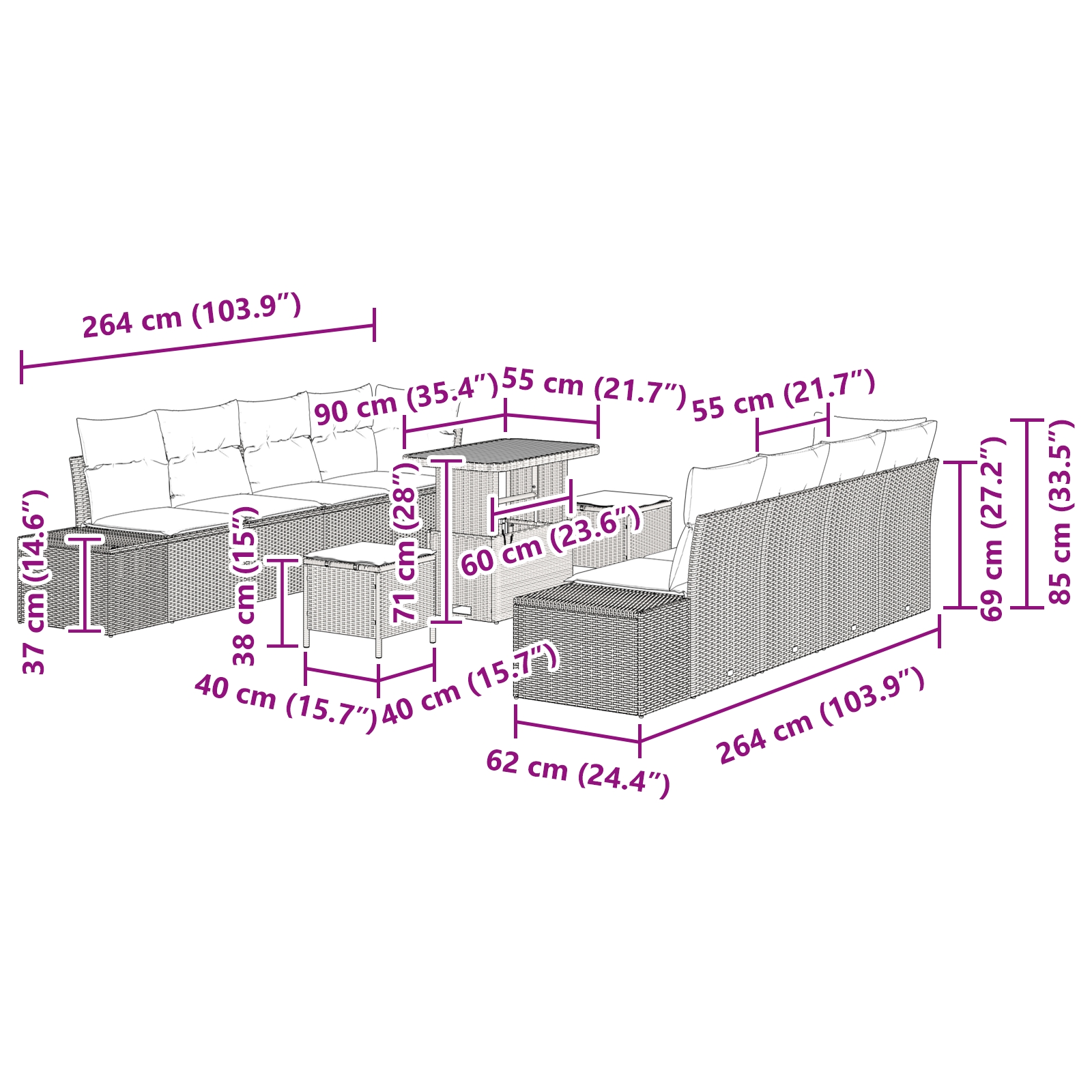 3362763 10 Set de canapele pentru grădină cu pernă 11 pcs Gri Rattan poli Set de canapele pentru grădină cu pernă 11 pcs Gri Rattan poli - imagine 10