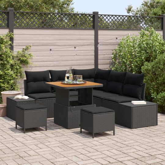 Set de canapele pentru grădină cu pernă 8 pcs Negru Rattan poli