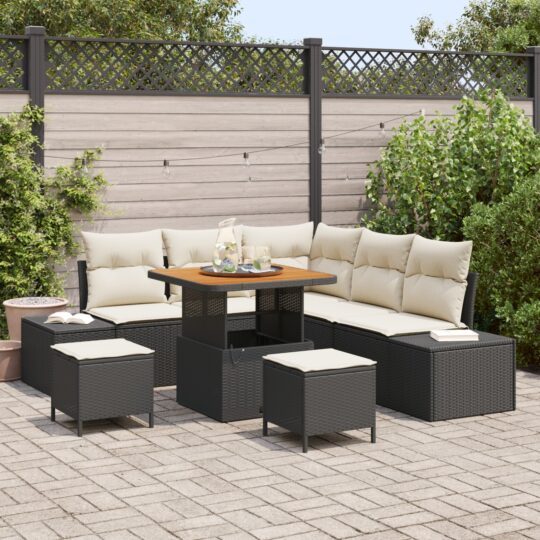 Set de canapele pentru grădină cu pernă 8 pcs Negru Rattan poli