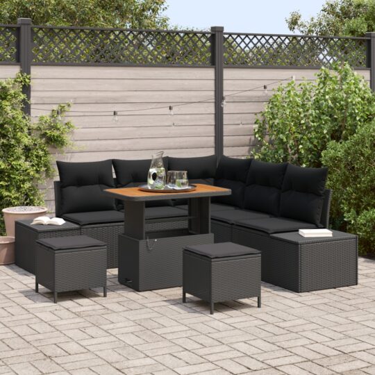 Set de canapele pentru grădină cu pernă 8 pcs Negru Rattan poli