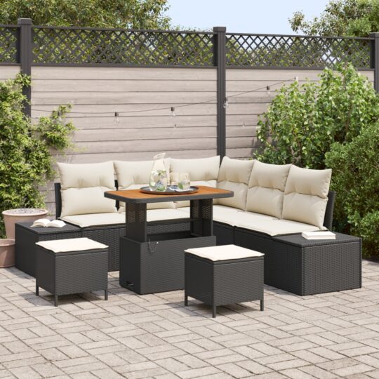 Set de canapele pentru grădină cu pernă 8 pcs Negru Rattan poli