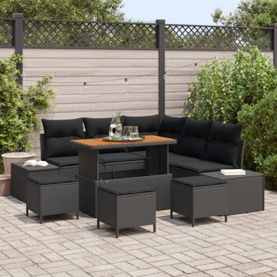 Set de canapele pentru grădină cu pernă 9 pcs Negru Rattan poli