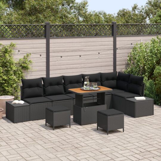 Set de canapele pentru grădină cu pernă 9 pcs Negru Rattan poli