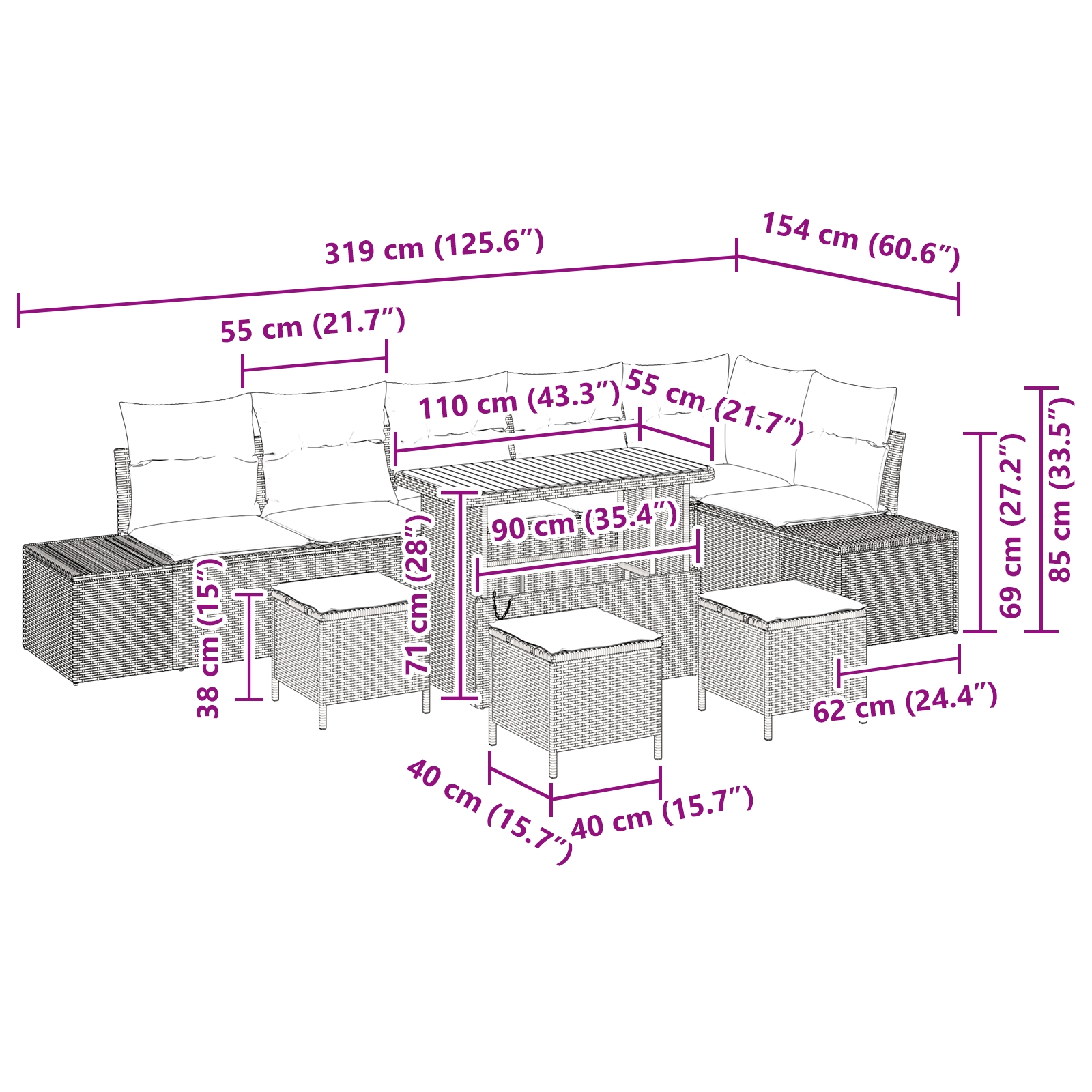 3362813 10 Set de canapele pentru grădină cu pernă 10 pcs Gri Rattan poli Set de canapele pentru grădină cu pernă 10 pcs Gri Rattan poli - imagine 10
